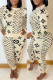Cream White Fashion Casual Print Basic O Neck Long Sleeve Two Pieces
