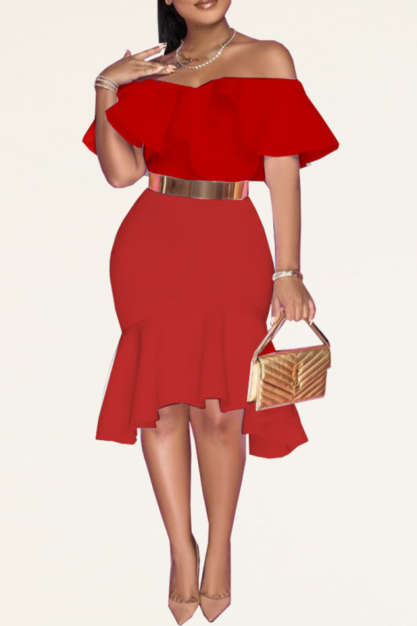 Red Sexy Solid Flounce Off the Shoulder Trumpet Mermaid Dresses