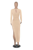 Red Fashion Sexy Solid Hollowed Out Slit V Neck Long Sleeve Dresses