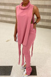 Red Sexy Casual Solid Bandage Fold Turtleneck Sleeveless Two Pieces