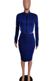 Red Sexy Solid Slit Asymmetrical Zipper Collar Long Sleeve Two Pieces