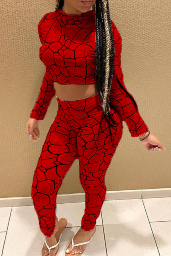 Red Casual Print Patchwork O Neck Long Sleeve Two Pieces