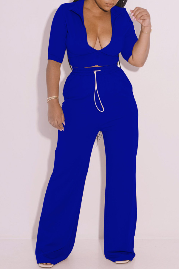 Royal Blue Fashion Casual Solid Patchwork Zipper Collar Half Sleeve Two Pieces