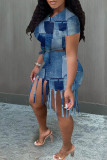 Blue Fashion Casual Print Tassel O Neck Short Sleeve Two Pieces