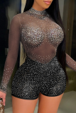 Apricot Sexy Hot Drilling Mesh Half A Turtleneck Skinny Rompers