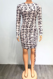 Light Pink Sexy Print Patchwork Draw String Fold O Neck Pencil Skirt Dresses