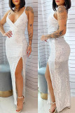 White Fashion Sexy Solid Backless Slit Spaghetti Strap Evening Dress