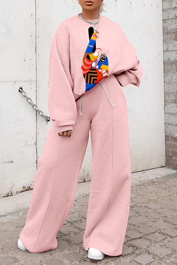 Pink Casual Solid Patchwork O Neck Long Sleeve Two Pieces