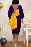 Blue Casual Solid Patchwork V Neck Lantern Skirt Dresses