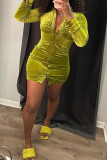 Green Fashion Sexy Solid Patchwork Turndown Collar One Step Skirt Dresses