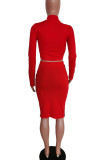 Red Sexy Solid Slit Asymmetrical Zipper Collar Long Sleeve Two Pieces