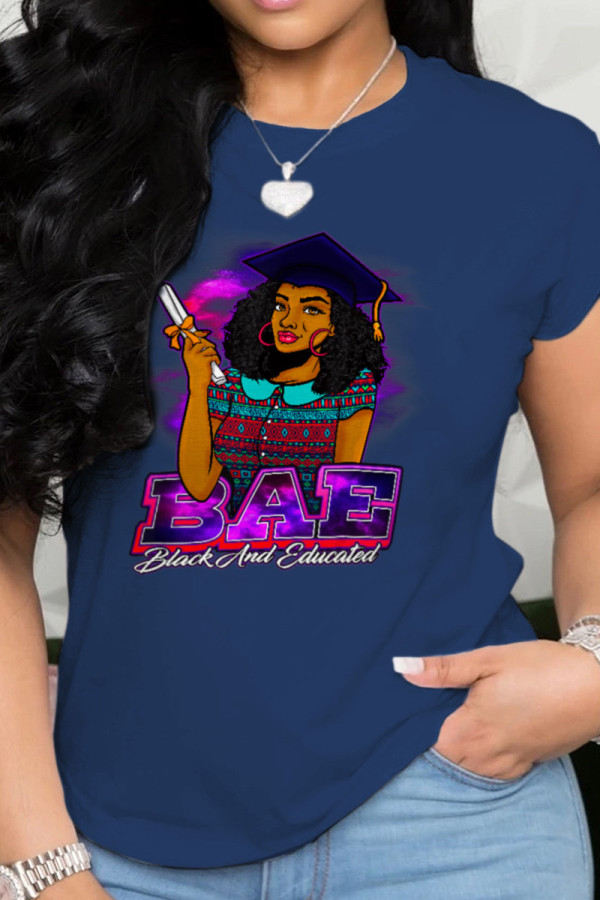 Navy Blue Sweet Print Patchwork O Neck T-Shirts