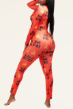 Red Sexy Print Patchwork U Neck Skinny Jumpsuits