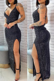 White Fashion Sexy Solid Backless Slit Spaghetti Strap Evening Dress
