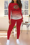 Red Fashion Casual Print Patchwork O Neck Long Sleeve Two Pieces