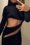 Black Sexy Solid Patchwork Half A Turtleneck Pencil Skirt Dresses