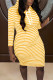Yellow Casual Striped Print Patchwork Hooded Collar Straight Dresses