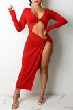 Red Fashion Sexy Solid Hollowed Out Slit V Neck Long Sleeve Dresses