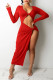 Red Fashion Sexy Solid Hollowed Out Slit V Neck Long Sleeve Dresses