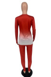 Red Fashion Casual Print Patchwork O Neck Long Sleeve Two Pieces