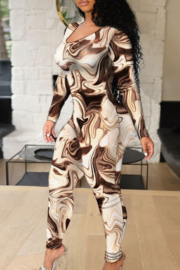 Brown Sexy Solid Hollowed Out Skinny Jumpsuits