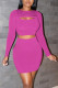 Rose Red Sexy Solid Hollowed Out Patchwork O Neck Long Sleeve Two Pieces