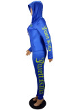 Blue Fashion Sportswear Print Patchwork Hooded Collar Long Sleeve Two Pieces