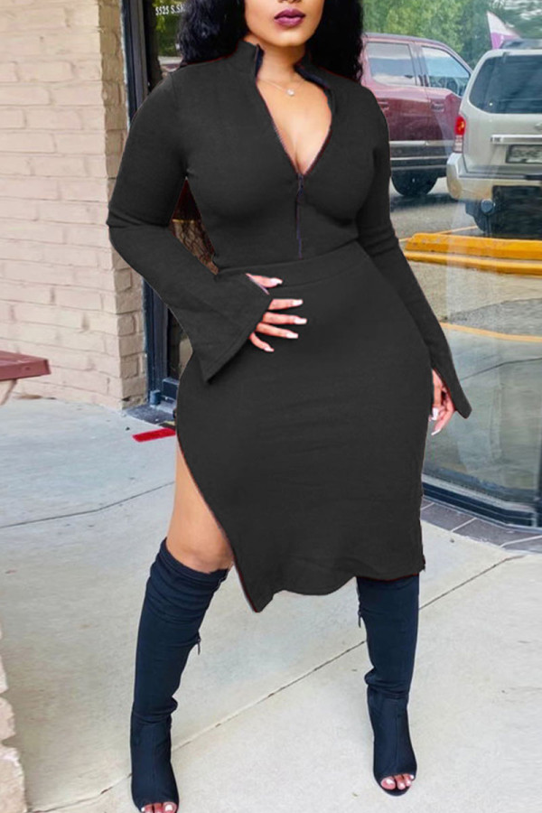 Black Sexy Solid Slit Asymmetrical Zipper Collar Long Sleeve Two Pieces