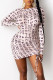 Cream White Sexy Print Patchwork Draw String Fold O Neck Pencil Skirt Dresses