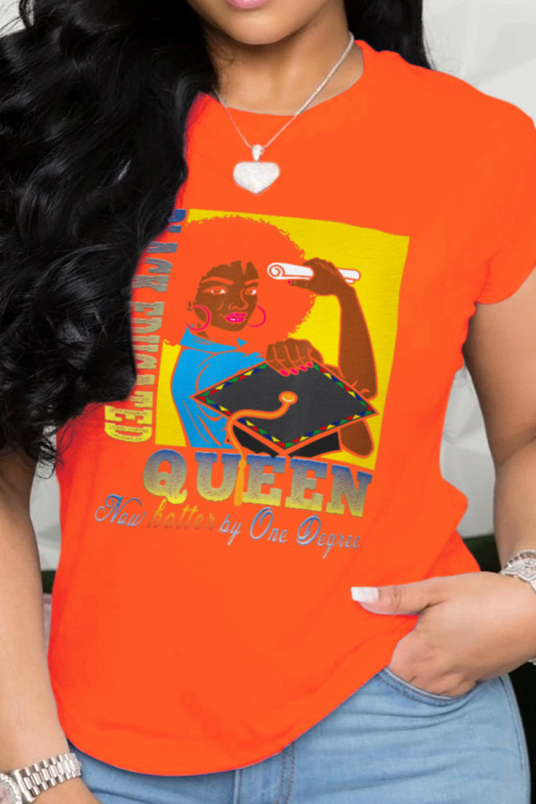 Orange Street Print Patchwork O Neck T-Shirts