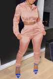Pink Casual Solid Patchwork Hooded Collar Long Sleeve Two Pieces