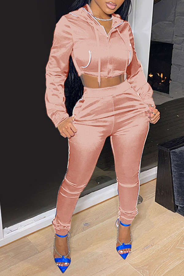 Pink Casual Solid Patchwork Hooded Collar Long Sleeve Two Pieces
