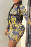 Black Fashion Casual Print Basic O Neck Long Sleeve Dresses