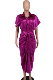 Pink Fashion Casual Solid Fold Turndown Collar Pencil Skirt Dresses