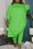 Fluorescent Green Casual Solid Patchwork Asymmetrical Off the Shoulder Plus Size Two Pieces