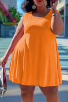 Tangerine Red Casual Solid Split Joint O Neck Cake Skirt Plus Size Dresses