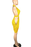 Red Sexy Solid Hollowed Out Patchwork Fold Asymmetrical Halter Evening Dress Dresses