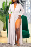 White Fashion Sexy Solid Slit V Neck Long Sleeve Dresses