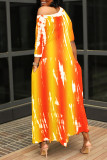 Yellow Fashion Casual Print Basic O Neck Long Dress