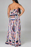 Colorful Blue Sexy Print Bandage Patchwork Knotted Strapless Sleeveless Two Pieces