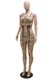 Brown Sexy Print Patchwork Spaghetti Strap Sleeveless Two Pieces
