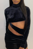 Black Sexy Solid Patchwork Half A Turtleneck Pencil Skirt Dresses
