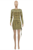 Yellow Fashion Sexy Dot Print Bandage O Neck Long Sleeve Two Pieces