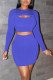 Blue Sexy Solid Hollowed Out Patchwork O Neck Long Sleeve Two Pieces