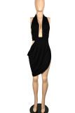 Red Sexy Solid Hollowed Out Patchwork Fold Asymmetrical Halter Evening Dress Dresses