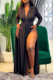 White Fashion Sexy Solid Slit V Neck Long Sleeve Dresses