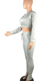 Grey Casual Solid Ripped Split Joint Oblique Collar Long Sleeve Two Pieces