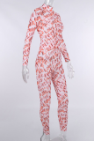 Pink Sexy Print Mesh Half A Turtleneck Long Sleeve Two Pieces