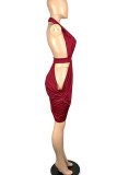 Red Sexy Solid Hollowed Out Patchwork Fold Asymmetrical Halter Evening Dress Dresses