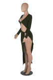 Red Fashion Sexy Solid Hollowed Out Slit V Neck Long Sleeve Dresses